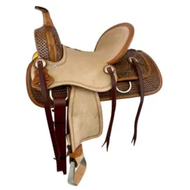 12" DOUBLE T  HARD SEAT ROPING STYLE SADDLE WITH COMBO BASKET/ FLORAL TOOLING
