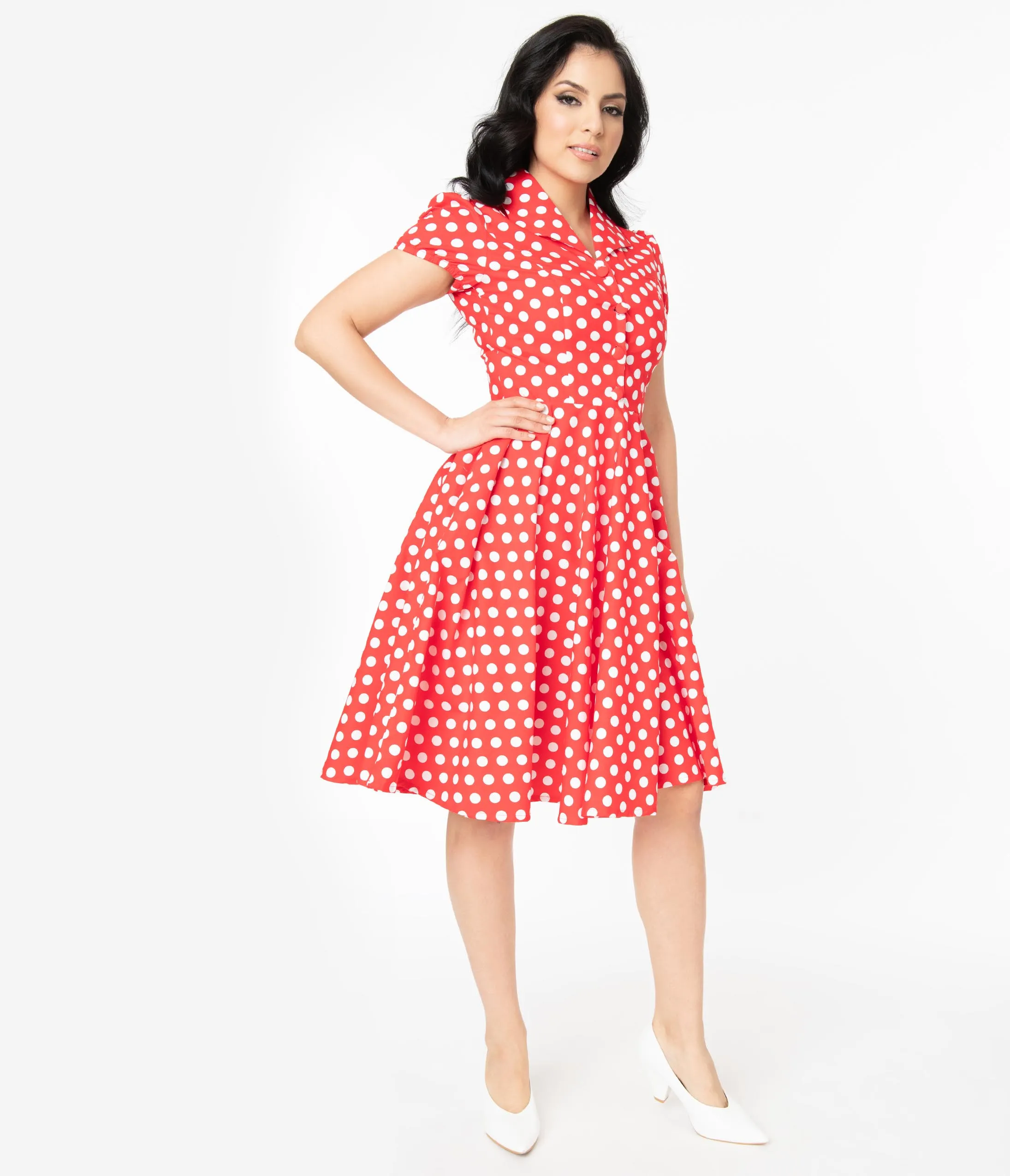 1950s Style Red & White Polka Dot Mona Swing Dress