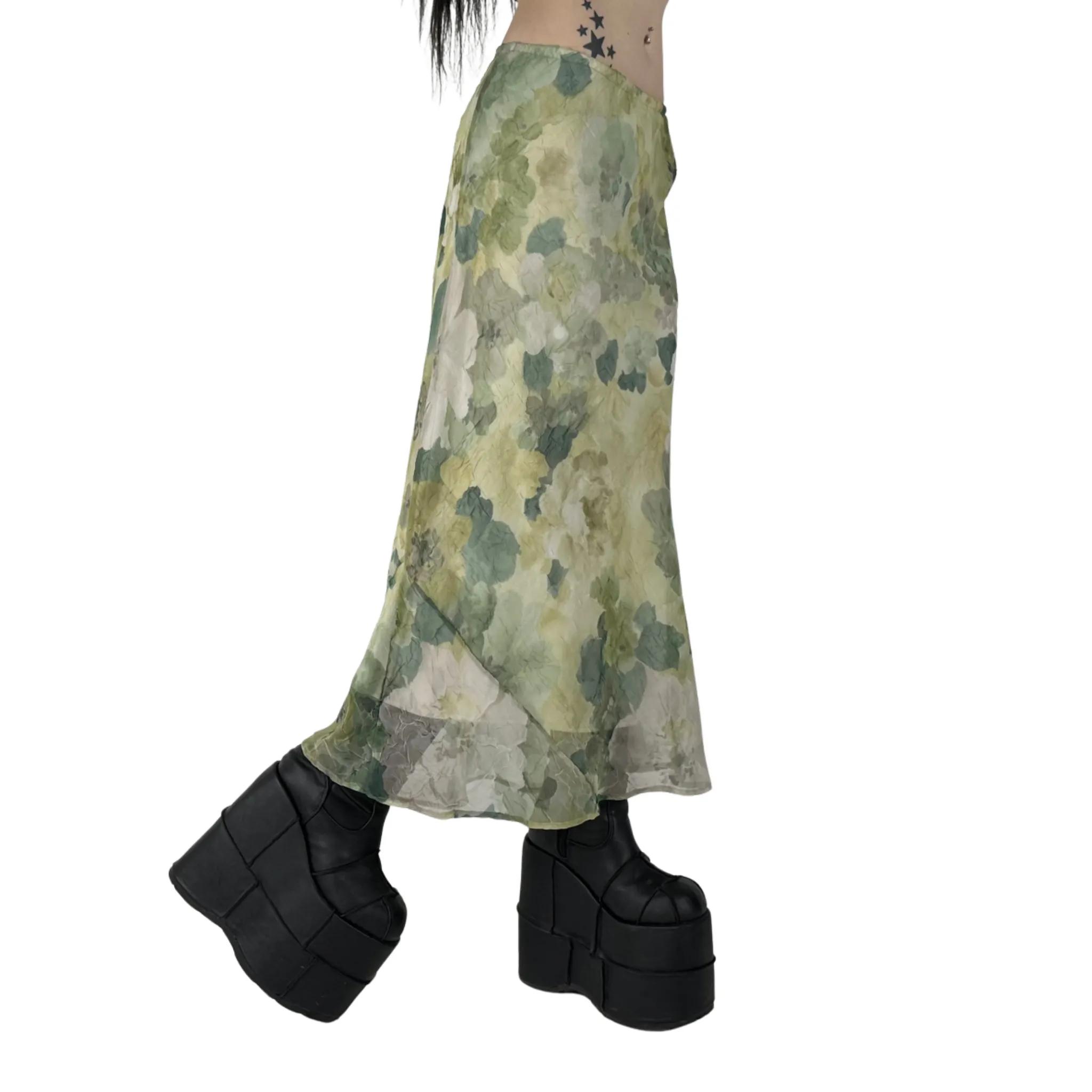 90s Sage Green Floral Maxi Skirt (S)
