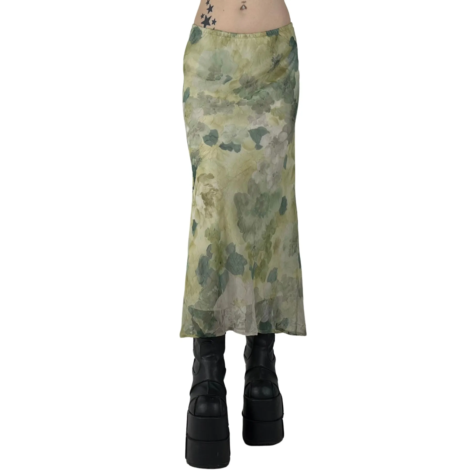 90s Sage Green Floral Maxi Skirt (S)