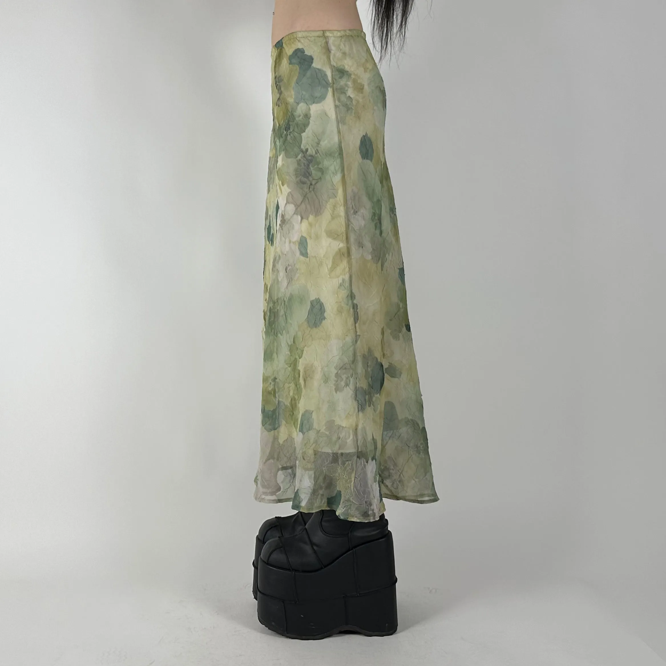90s Sage Green Floral Maxi Skirt (S)
