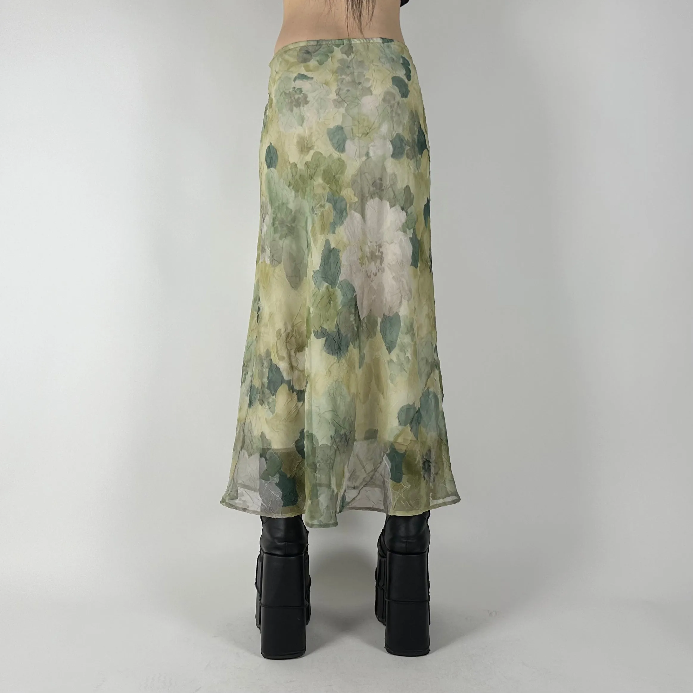 90s Sage Green Floral Maxi Skirt (S)
