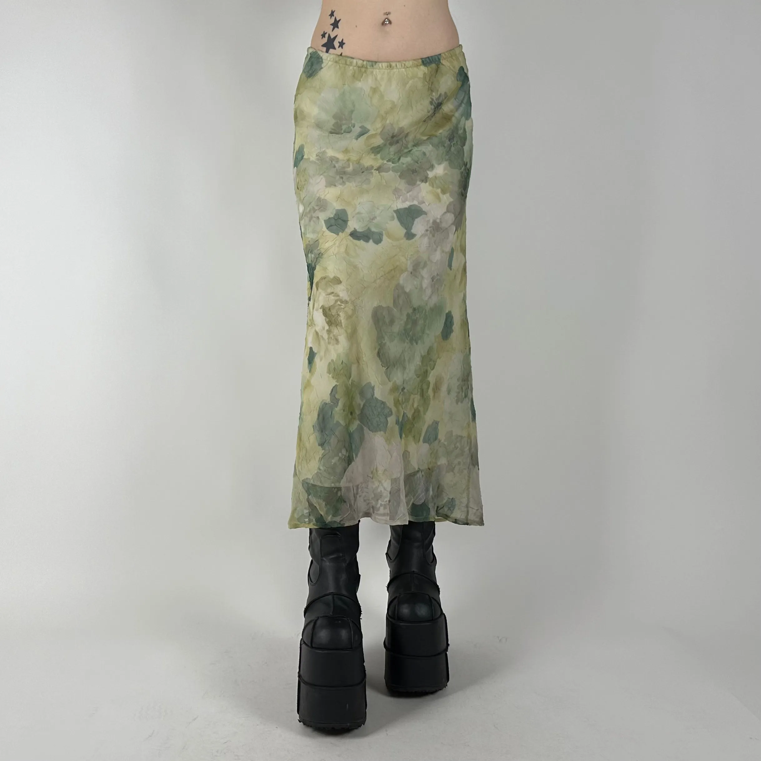 90s Sage Green Floral Maxi Skirt (S)