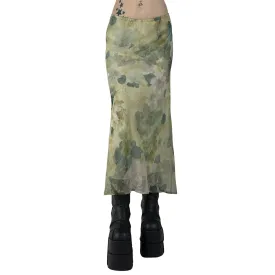 90s Sage Green Floral Maxi Skirt (S)