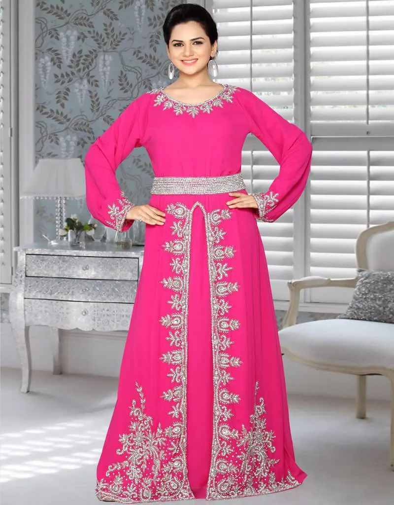 A-line Party Wear Dubai Style Kaftan With Silver work