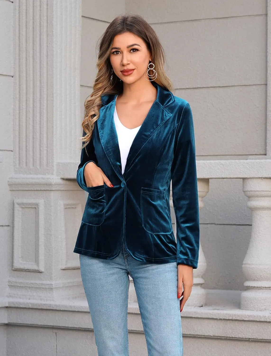 ABAFIP Women Velvet Blazers Casual Suit Cardigan Jacket Shawl Collar Short Blazer Outwear with Pockets