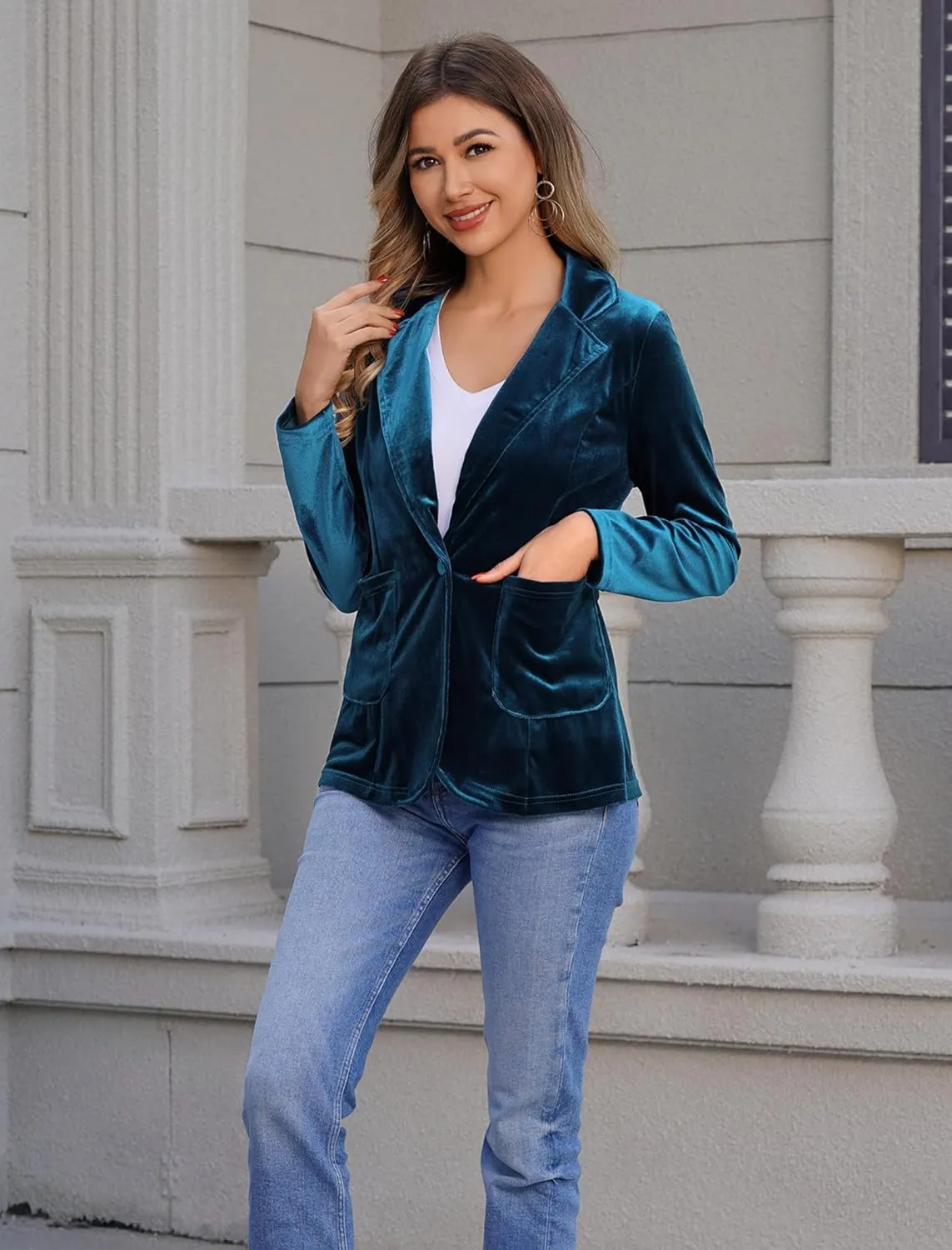 ABAFIP Women Velvet Blazers Casual Suit Cardigan Jacket Shawl Collar Short Blazer Outwear with Pockets