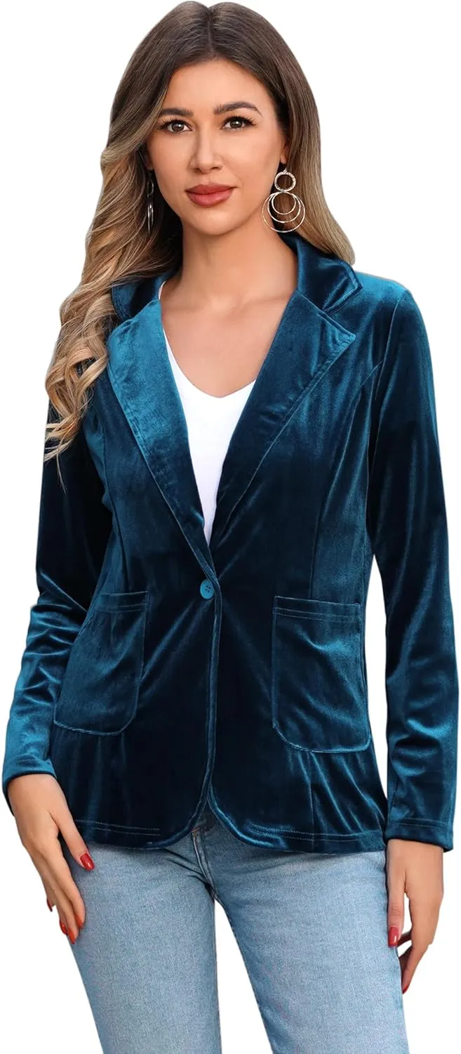 ABAFIP Women Velvet Blazers Casual Suit Cardigan Jacket Shawl Collar Short Blazer Outwear with Pockets