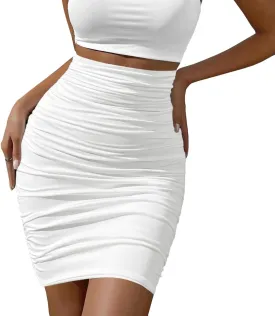 Afibi Women's Elastic High Waist Ruched Bodycon Stretch Club Pencil Midi Skirt