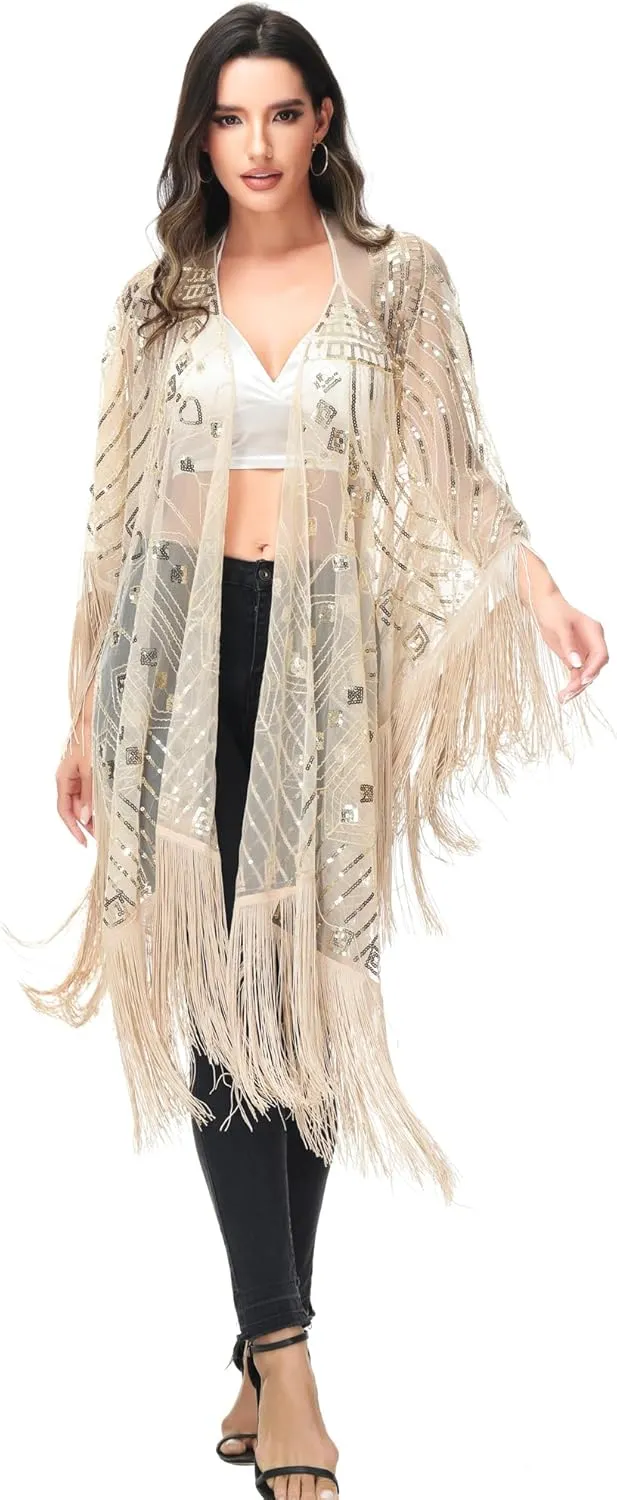 Anna-Kaci Womens Oversized Gatsby Hand Beaded Fringed Sequin Evening Shawl Wrap