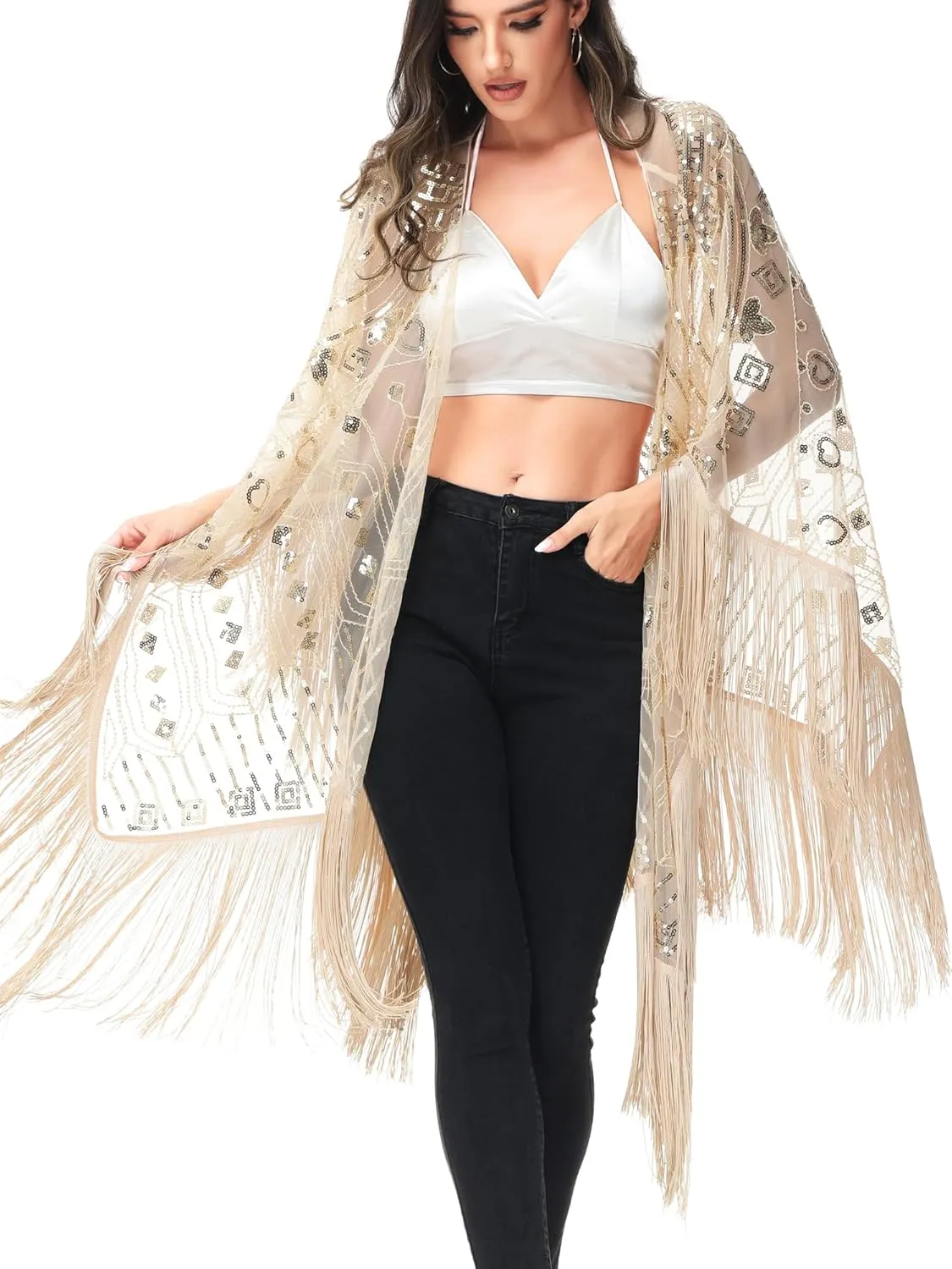 Anna-Kaci Womens Oversized Gatsby Hand Beaded Fringed Sequin Evening Shawl Wrap