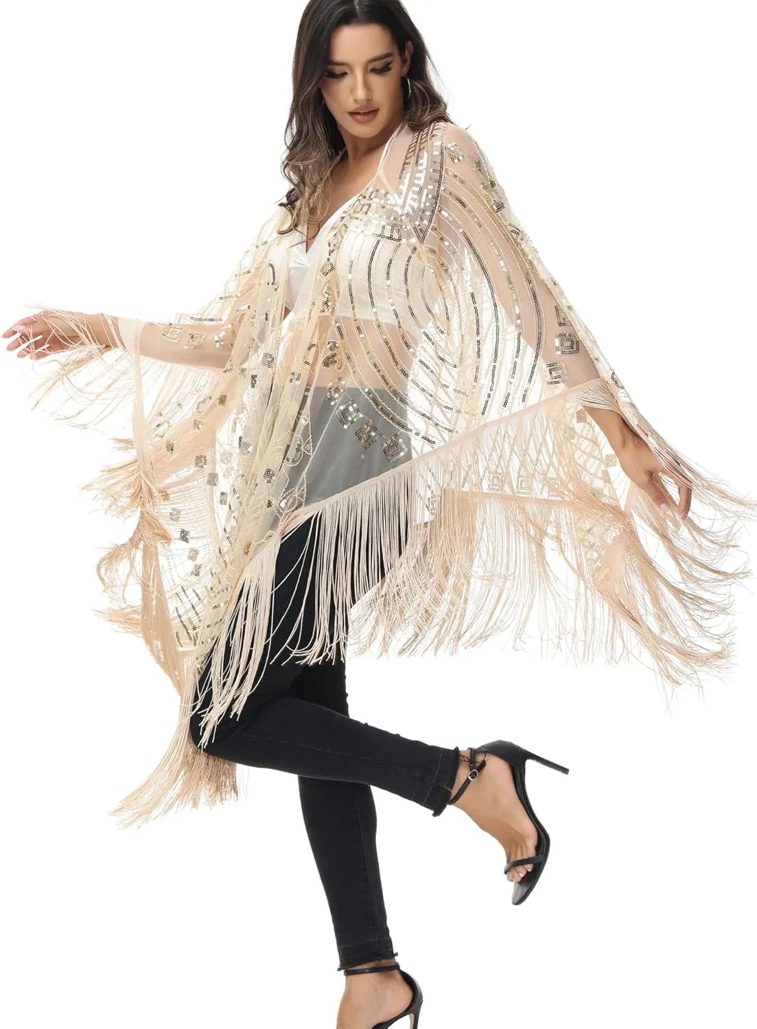 Anna-Kaci Womens Oversized Gatsby Hand Beaded Fringed Sequin Evening Shawl Wrap