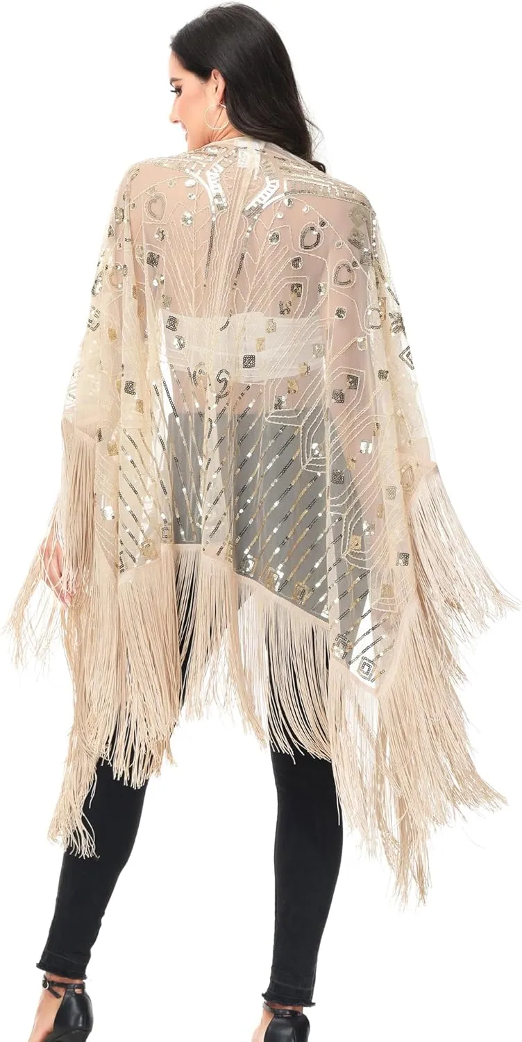 Anna-Kaci Womens Oversized Gatsby Hand Beaded Fringed Sequin Evening Shawl Wrap