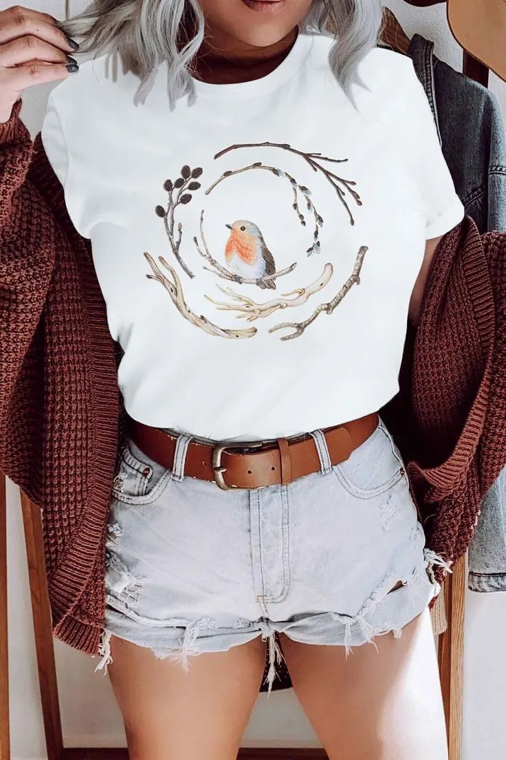 Bird Shirt Women Boho Flower: Watercolor Bird Shirts Nature Animal Gift Floral Graphic Tee Botanical Garden Lover Top