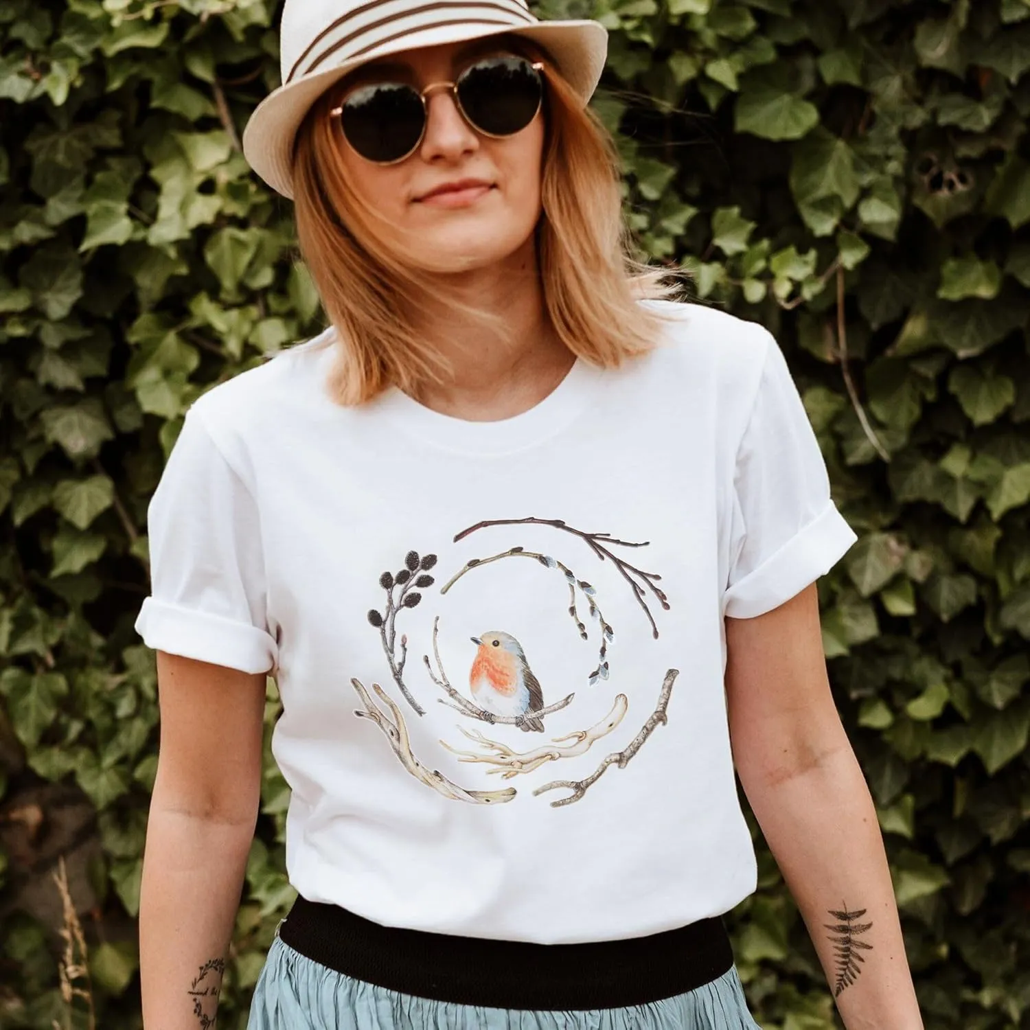 Bird Shirt Women Boho Flower: Watercolor Bird Shirts Nature Animal Gift Floral Graphic Tee Botanical Garden Lover Top