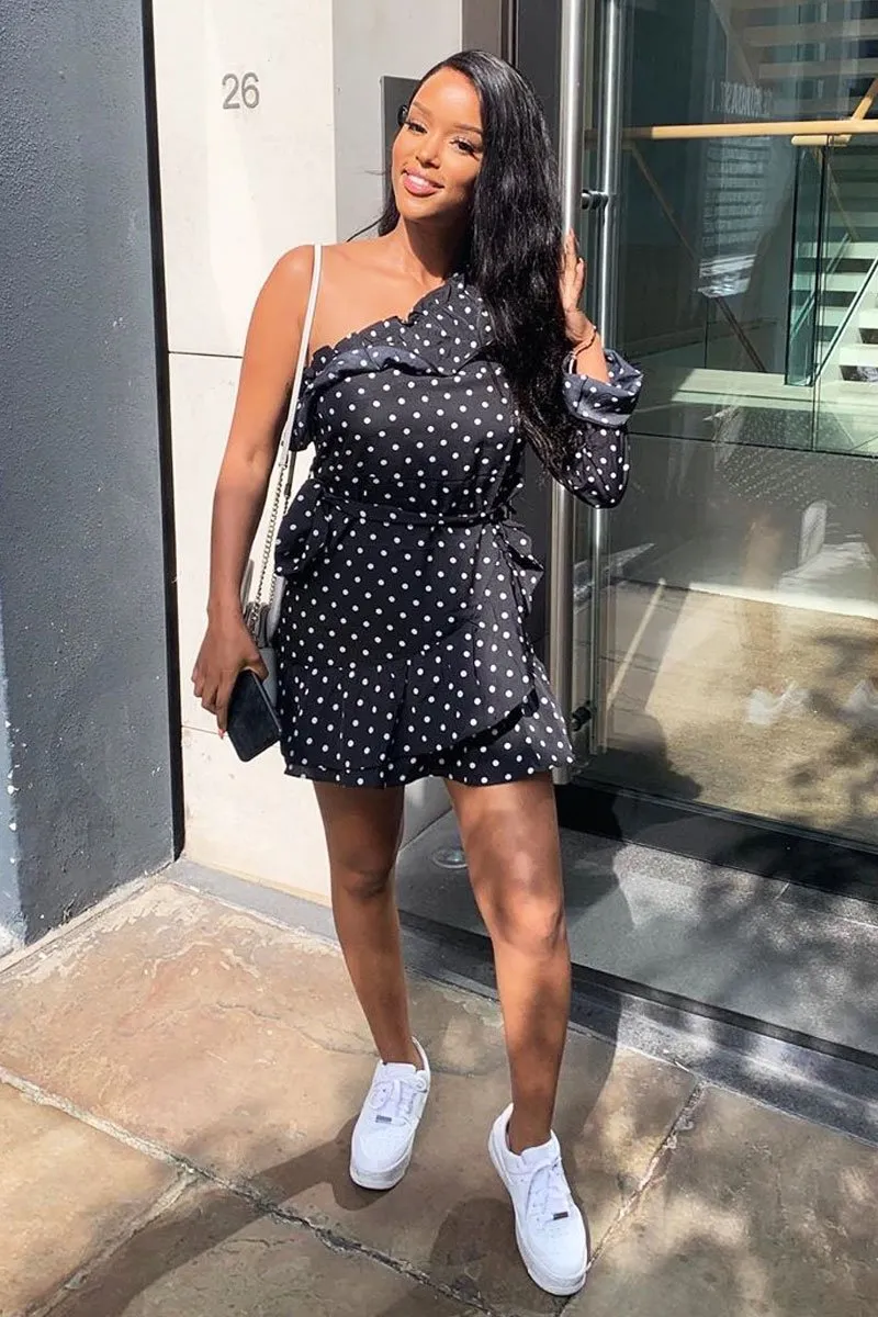 Black and White Polka Dot One Shoulder Frill Dress - Zyann