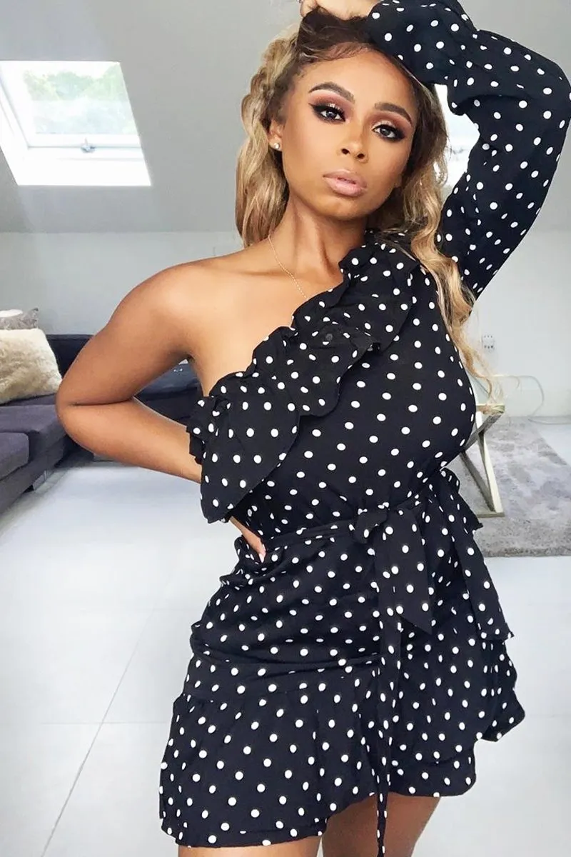 Black and White Polka Dot One Shoulder Frill Dress - Zyann