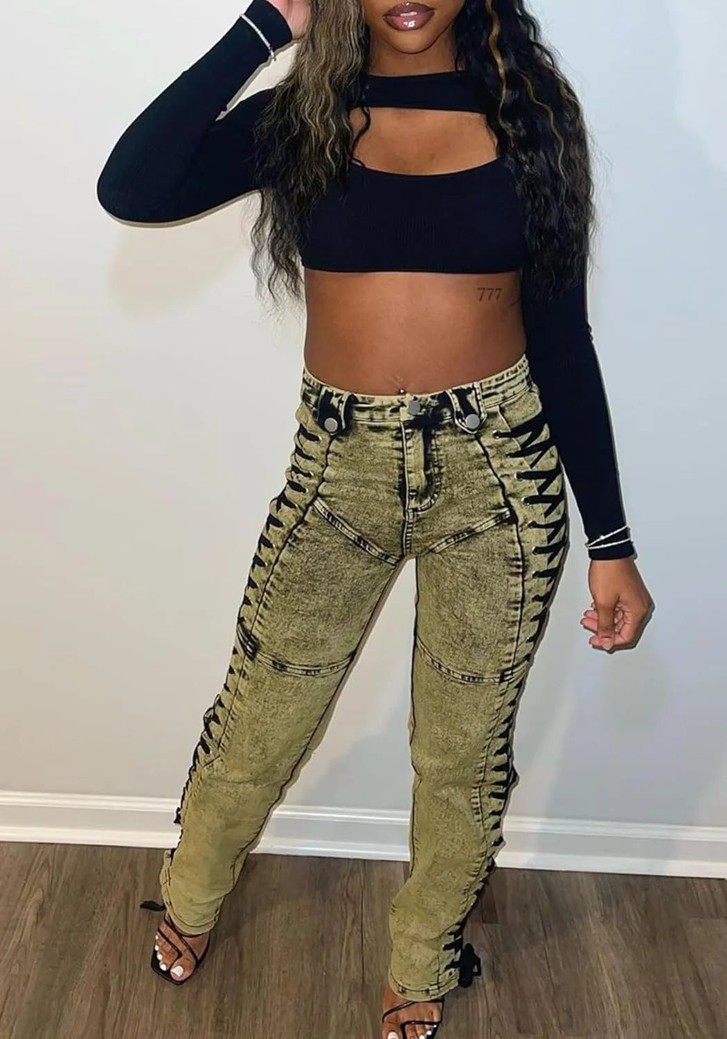 DINGANG High Waisted Sexy Jean for Women's Straight Leg Drawstring Lace Up Stretch Distressed Denim Pants