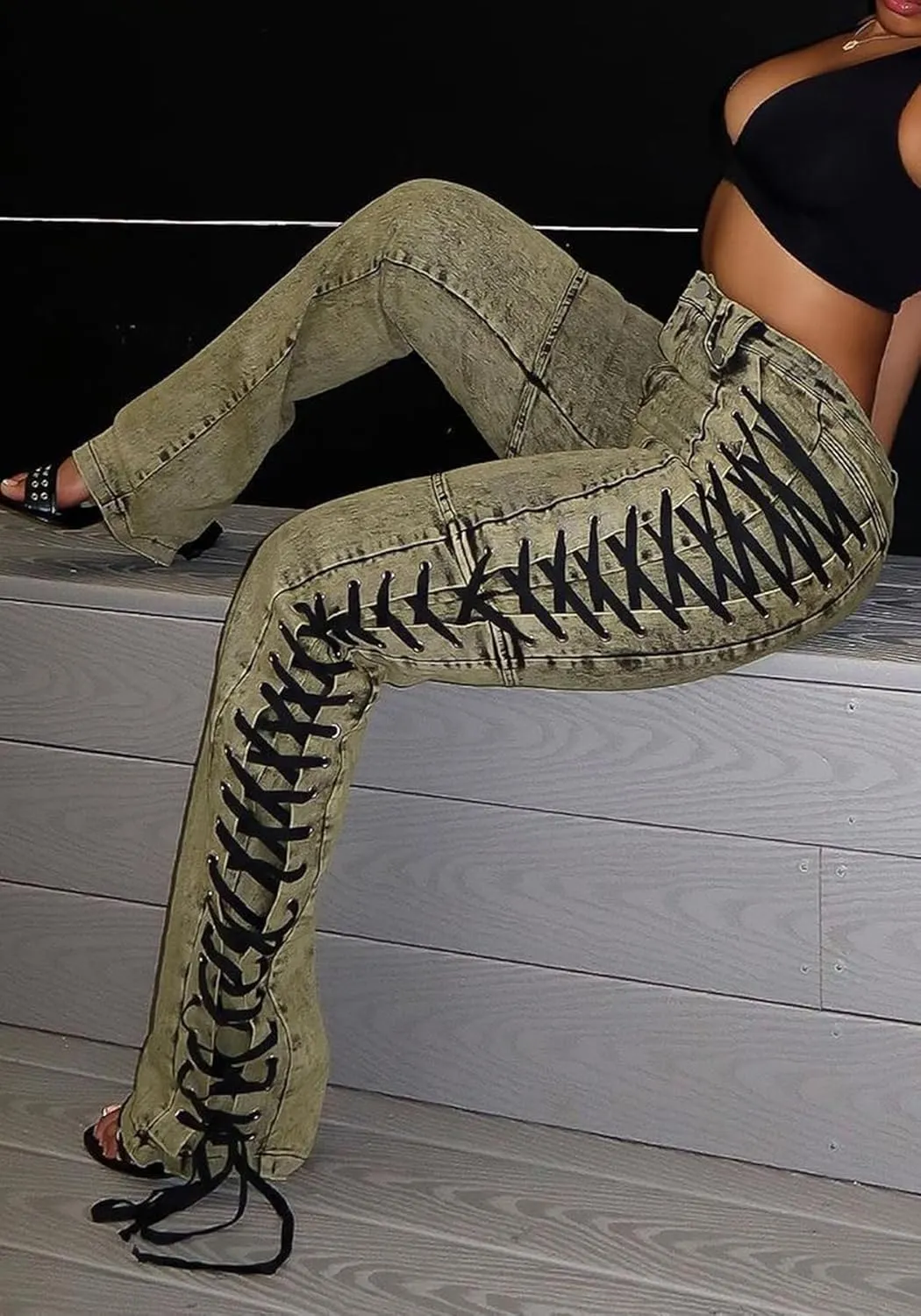 DINGANG High Waisted Sexy Jean for Women's Straight Leg Drawstring Lace Up Stretch Distressed Denim Pants