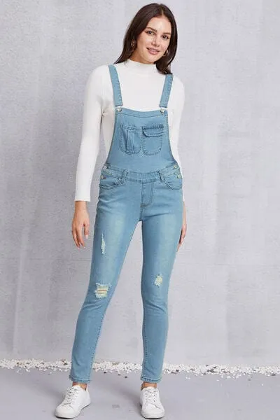 Distressed Washed Denim Overalls with Pockets