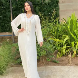 Embroidered V-neckline White Kaftan
