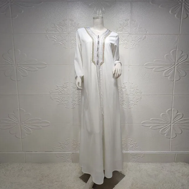 Embroidered V-neckline White Kaftan