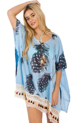 Feather Print Tassel Trim Holiday Kaftan