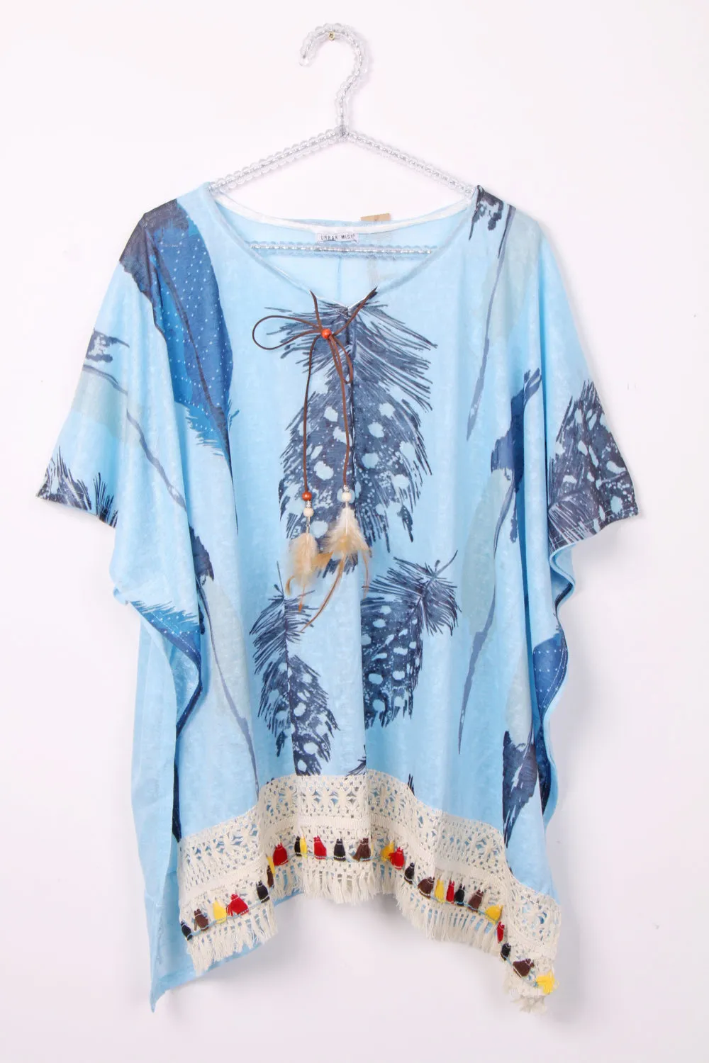 Feather Print Tassel Trim Holiday Kaftan