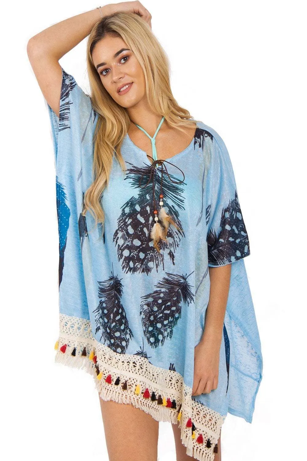 Feather Print Tassel Trim Holiday Kaftan