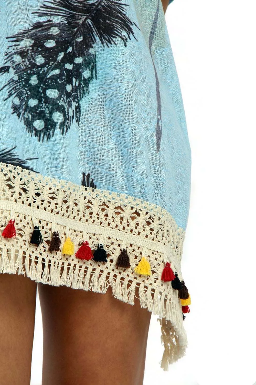 Feather Print Tassel Trim Holiday Kaftan
