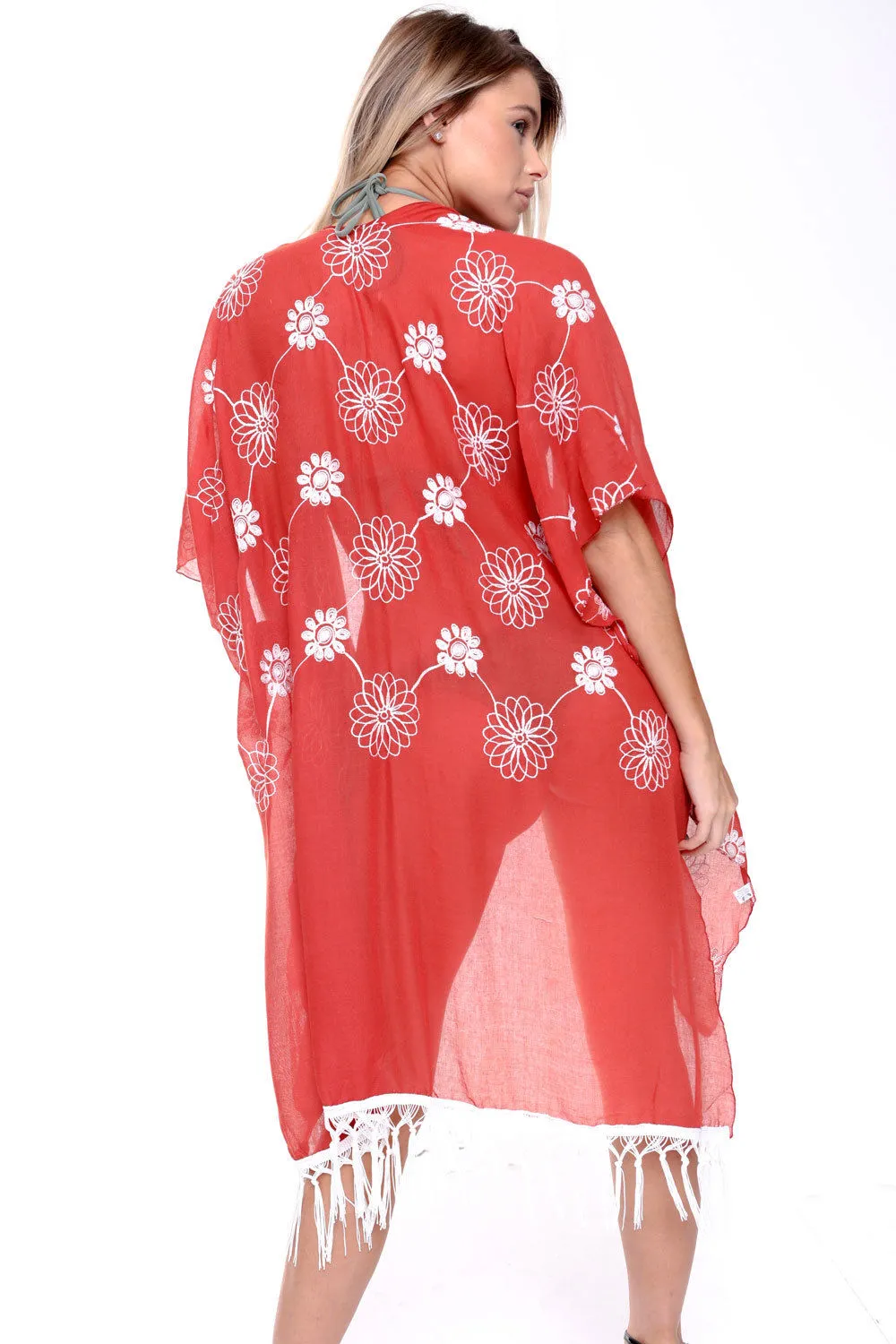 Floral Embroidery Tassel Trim Summer Holiday Kimono