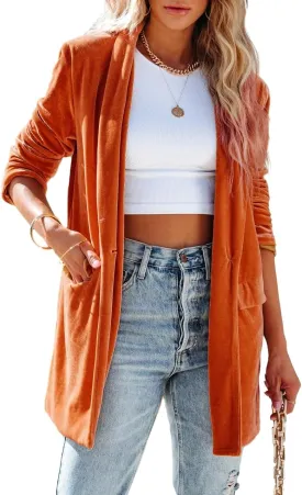 Fronage Women's Business Velvet Blazer Jacket Casual Long Sleeve Lapel Collar Blazer Suits Tops Long Cardigan Outerwear