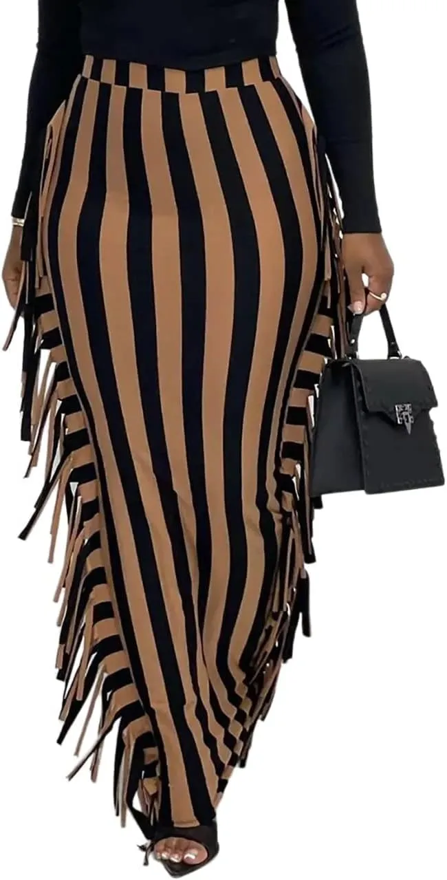 GOLDSTITCH Women's High Waist Slim Bodycon Tassels Long Maxi Pencil Skirts