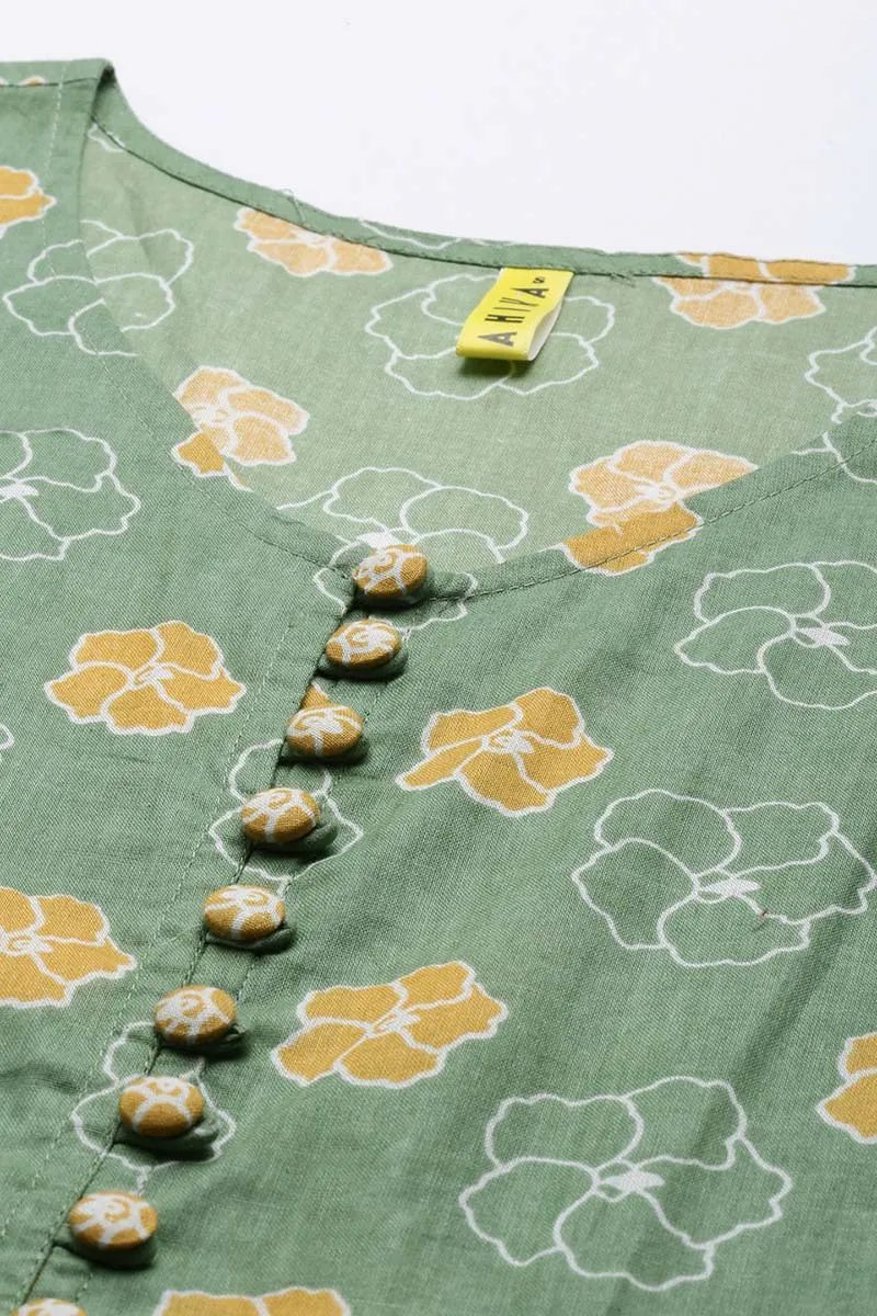 Green Cotton Floral Print Maxi Dress