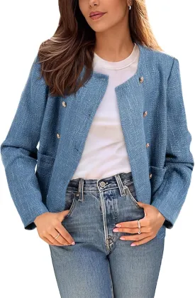 Happy Sailed Womens Cropped Tweed Blazers Casual Long Sleeve Double Breasted Open Front Blazer Jackets Work Suits