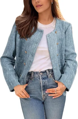 Happy Sailed Womens Cropped Tweed Blazers Casual Long Sleeve Double Breasted Open Front Blazer Jackets Work Suits