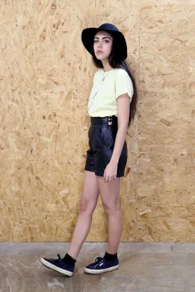 High Waist Black Leather Shorts with Pockets and Double Buttons
