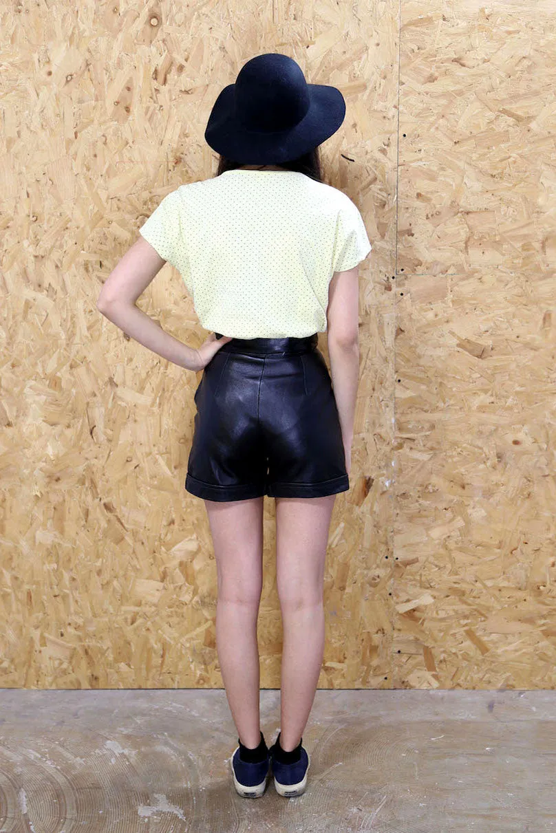 High Waist Black Leather Shorts with Pockets and Double Buttons