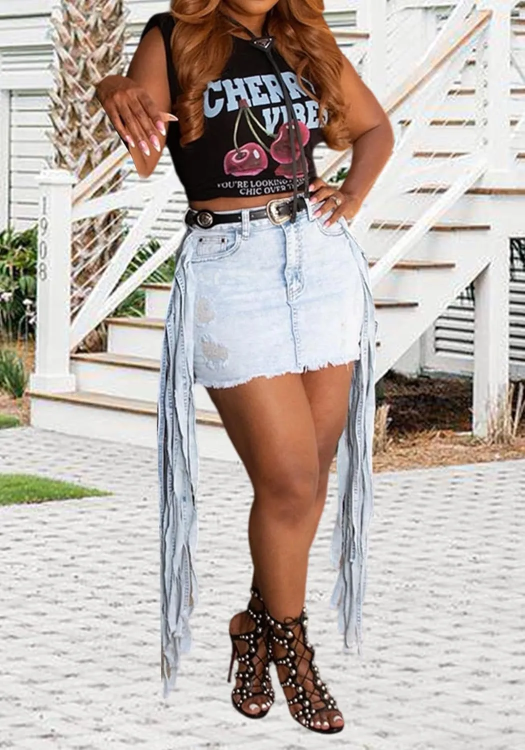 HuiSiFang Women's Denim Skirt Casual Y2k Fringe Distressed Washed Edgy Mini Skirt Bodycon Short Skirts