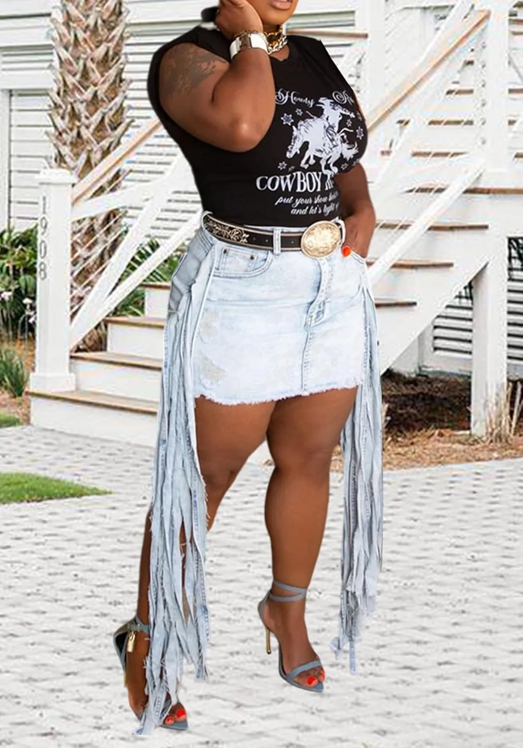 HuiSiFang Women's Denim Skirt Casual Y2k Fringe Distressed Washed Edgy Mini Skirt Bodycon Short Skirts