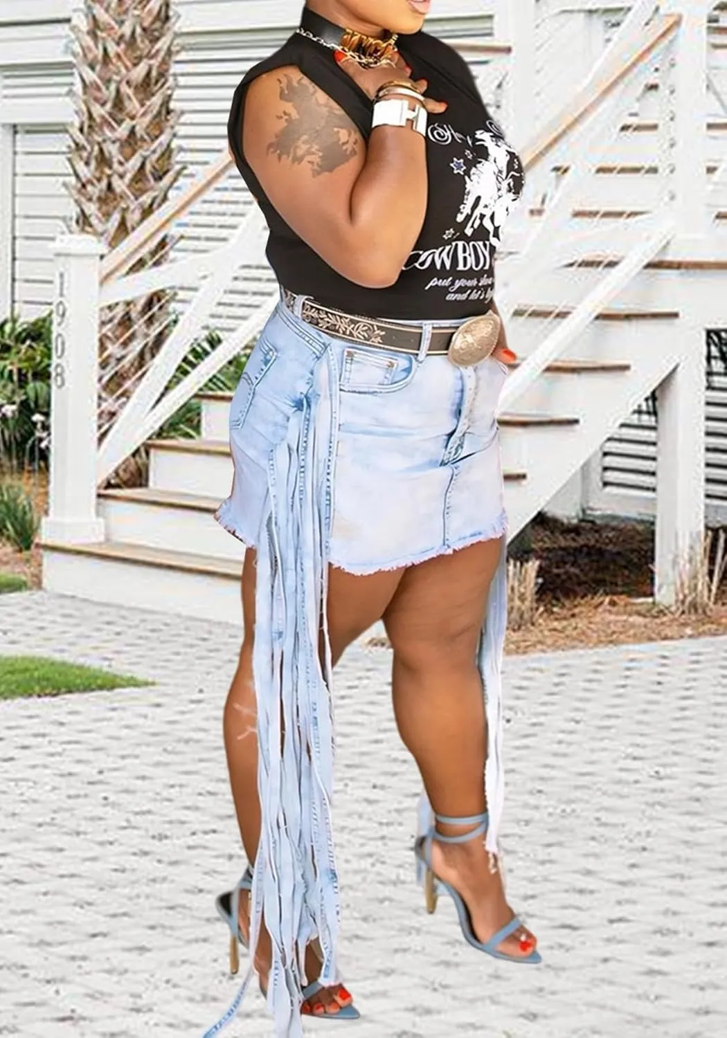 HuiSiFang Women's Denim Skirt Casual Y2k Fringe Distressed Washed Edgy Mini Skirt Bodycon Short Skirts