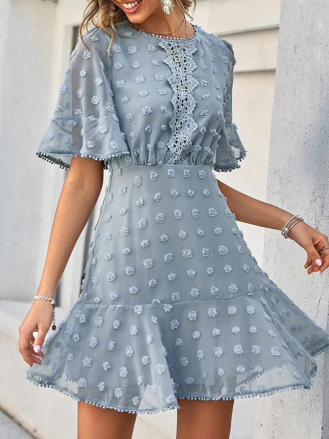 Jacquard Polka Dot Lace Fringed Dress
