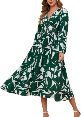 Kormei Women Casual Boho V Neck Long Sleeve Swiss Dot Smocked High Waist A Line Swing Fall Midi Long Dress