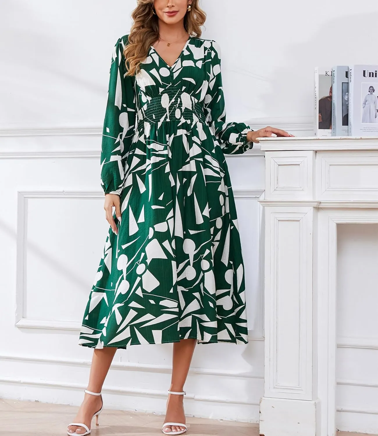 Kormei Women Casual Boho V Neck Long Sleeve Swiss Dot Smocked High Waist A Line Swing Fall Midi Long Dress