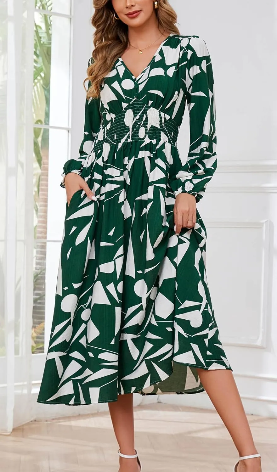 Kormei Women Casual Boho V Neck Long Sleeve Swiss Dot Smocked High Waist A Line Swing Fall Midi Long Dress