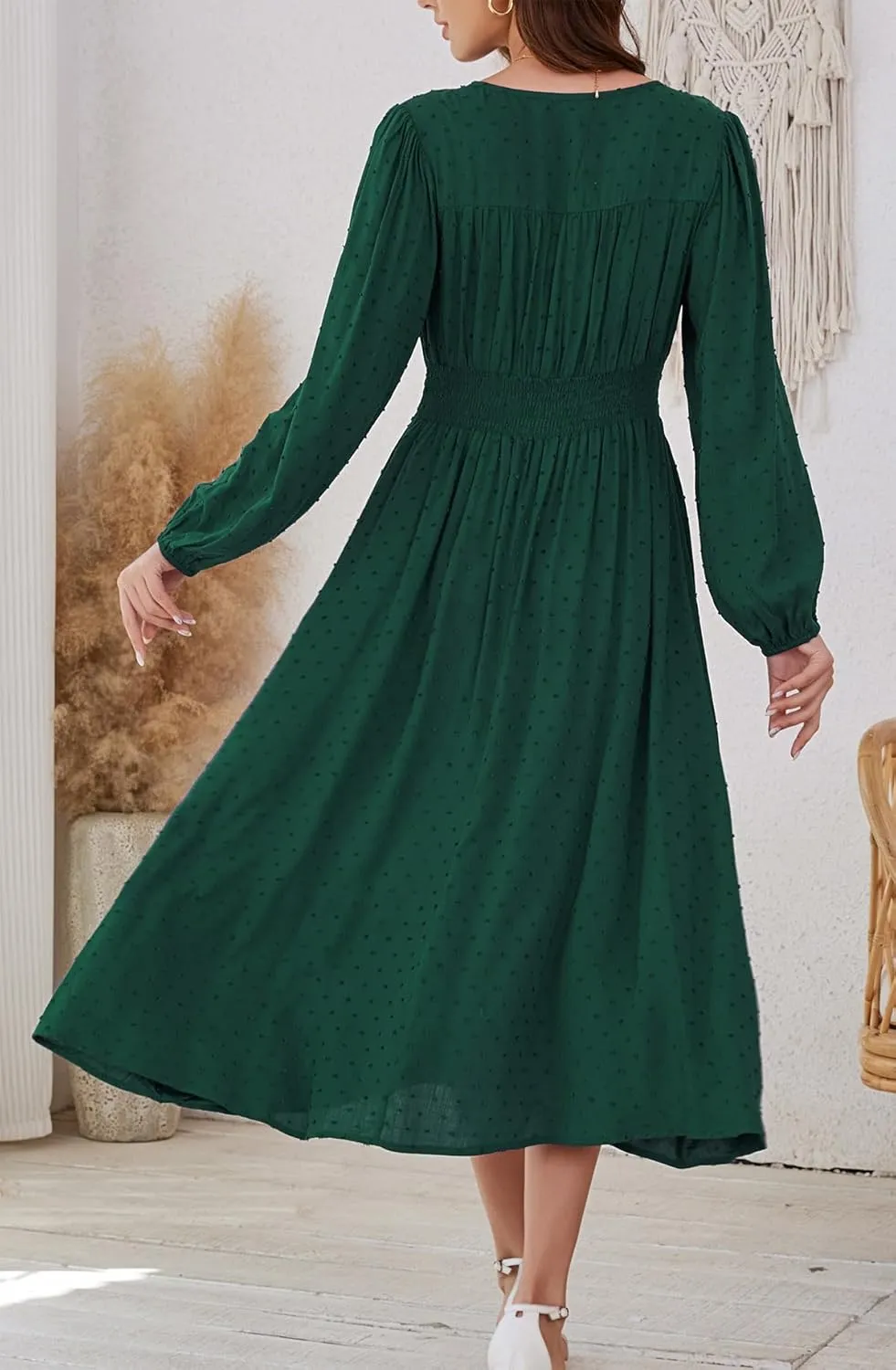 Kormei Women Casual Boho V Neck Long Sleeve Swiss Dot Smocked High Waist A Line Swing Fall Midi Long Dress