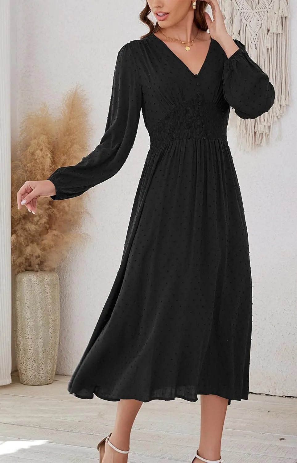 Kormei Women Casual Boho V Neck Long Sleeve Swiss Dot Smocked High Waist A Line Swing Fall Midi Long Dress