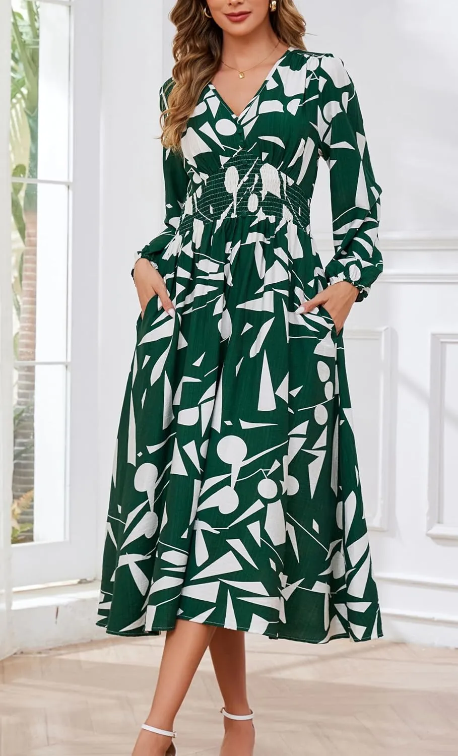 Kormei Women Casual Boho V Neck Long Sleeve Swiss Dot Smocked High Waist A Line Swing Fall Midi Long Dress