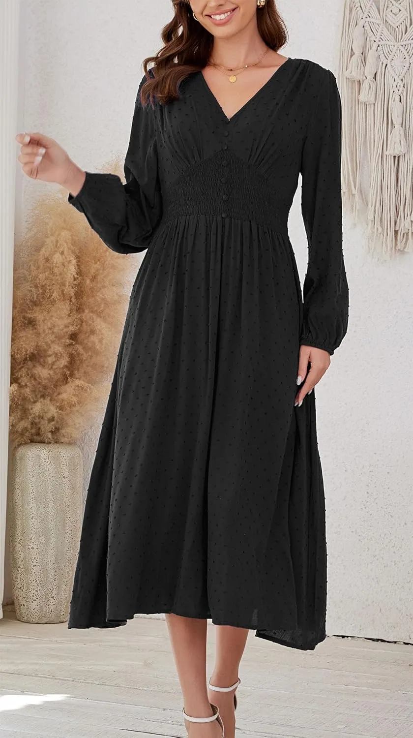 Kormei Women Casual Boho V Neck Long Sleeve Swiss Dot Smocked High Waist A Line Swing Fall Midi Long Dress