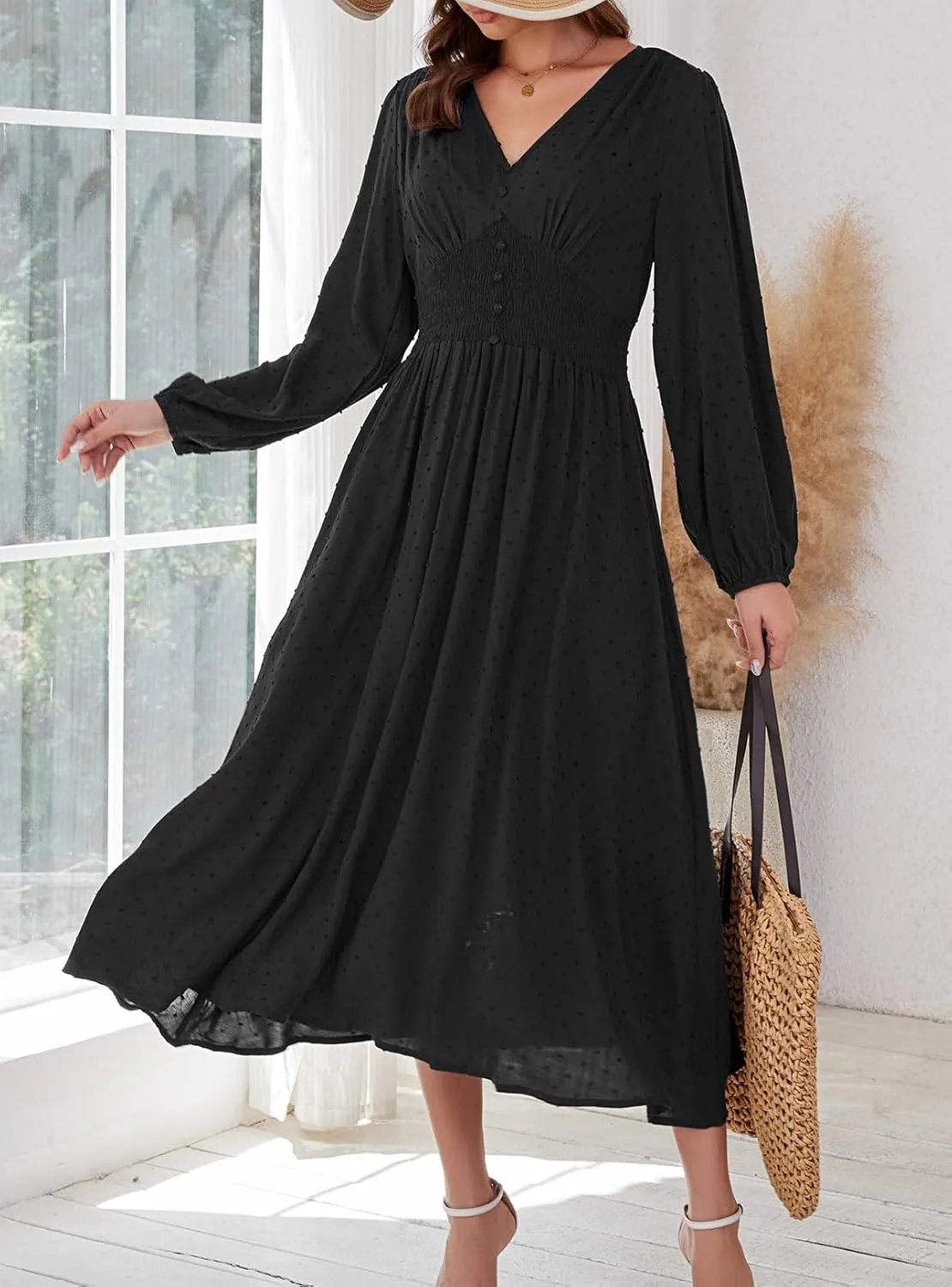 Kormei Women Casual Boho V Neck Long Sleeve Swiss Dot Smocked High Waist A Line Swing Fall Midi Long Dress